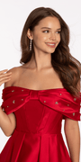 Satin Rhinestone Bow off the Shoulder Skater Dress Image 2
