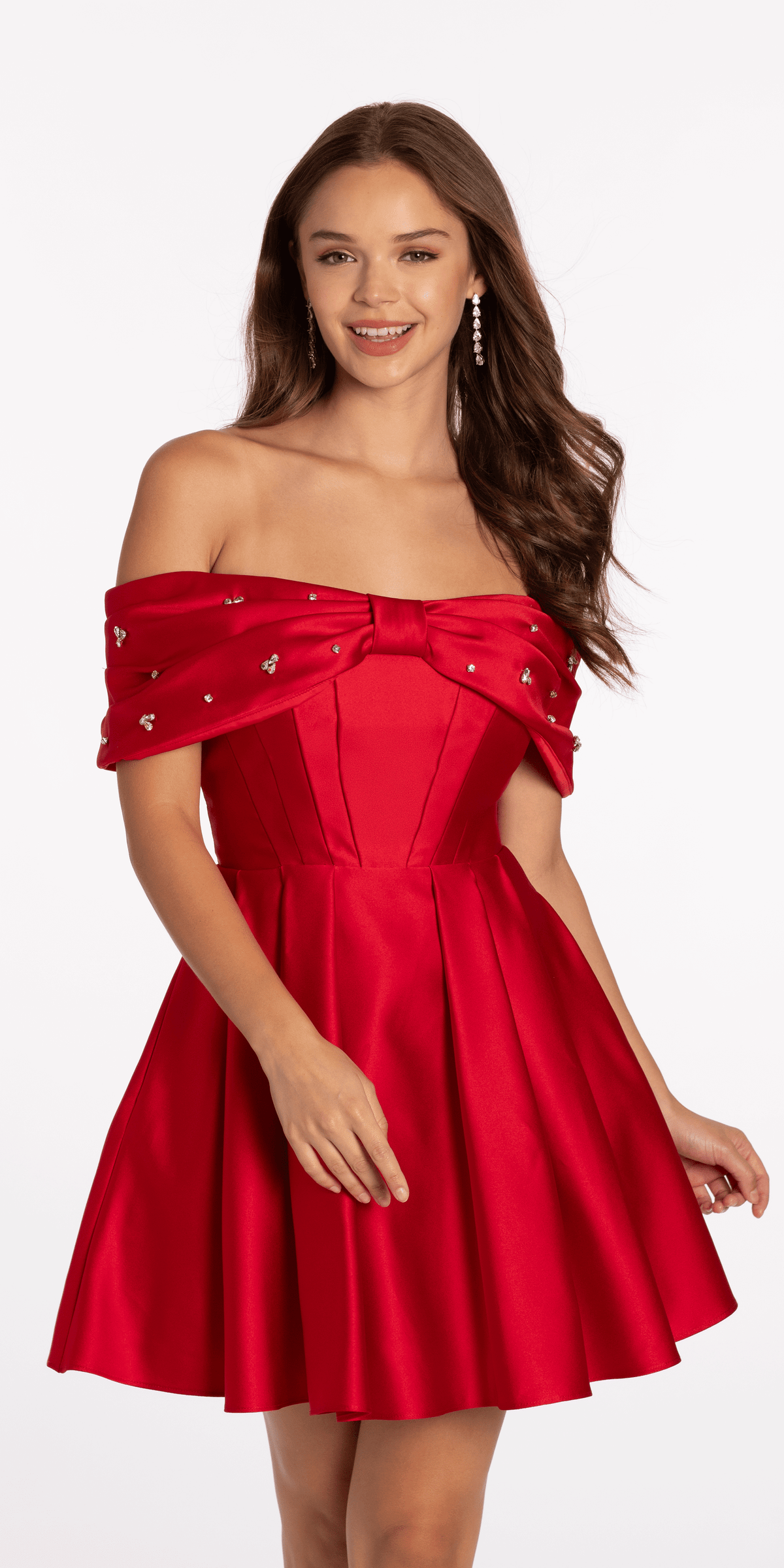 Satin Rhinestone Bow Off the Shoulder Skater Dress Camille La Vie Satin Rhinestone Bow Off the Shoulder Skater Dress Camille La Vie