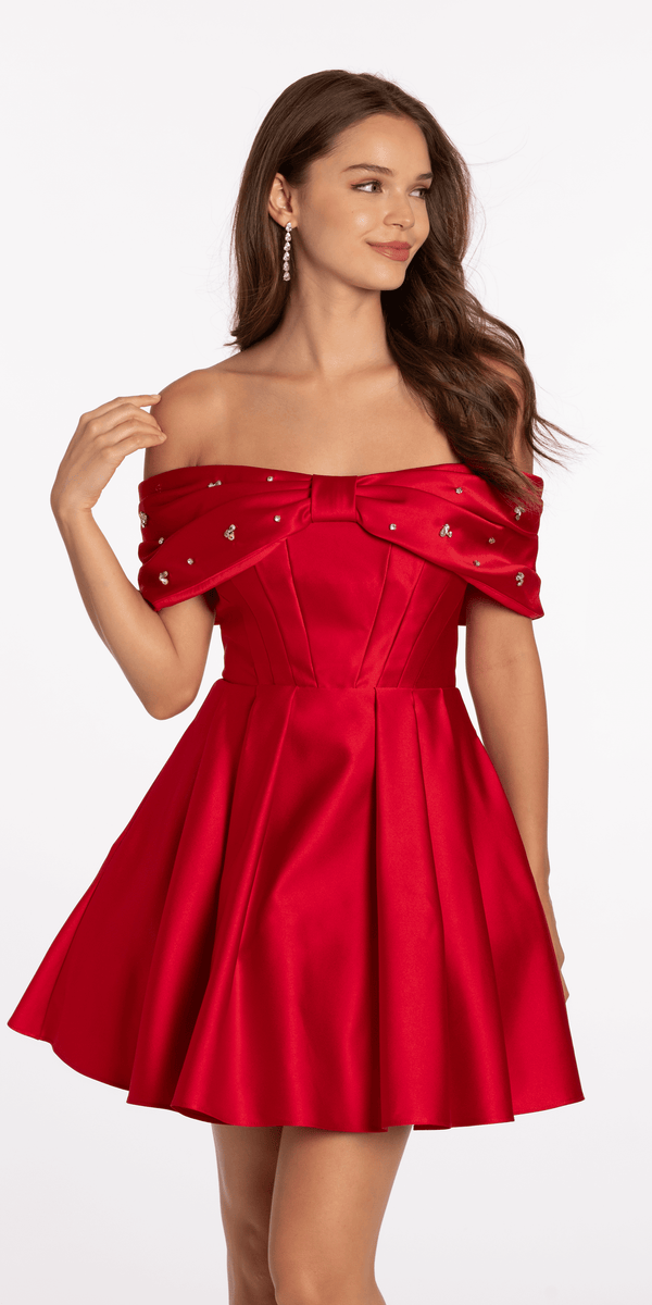 Satin Rhinestone Bow Off the Shoulder Skater Dress Image 4