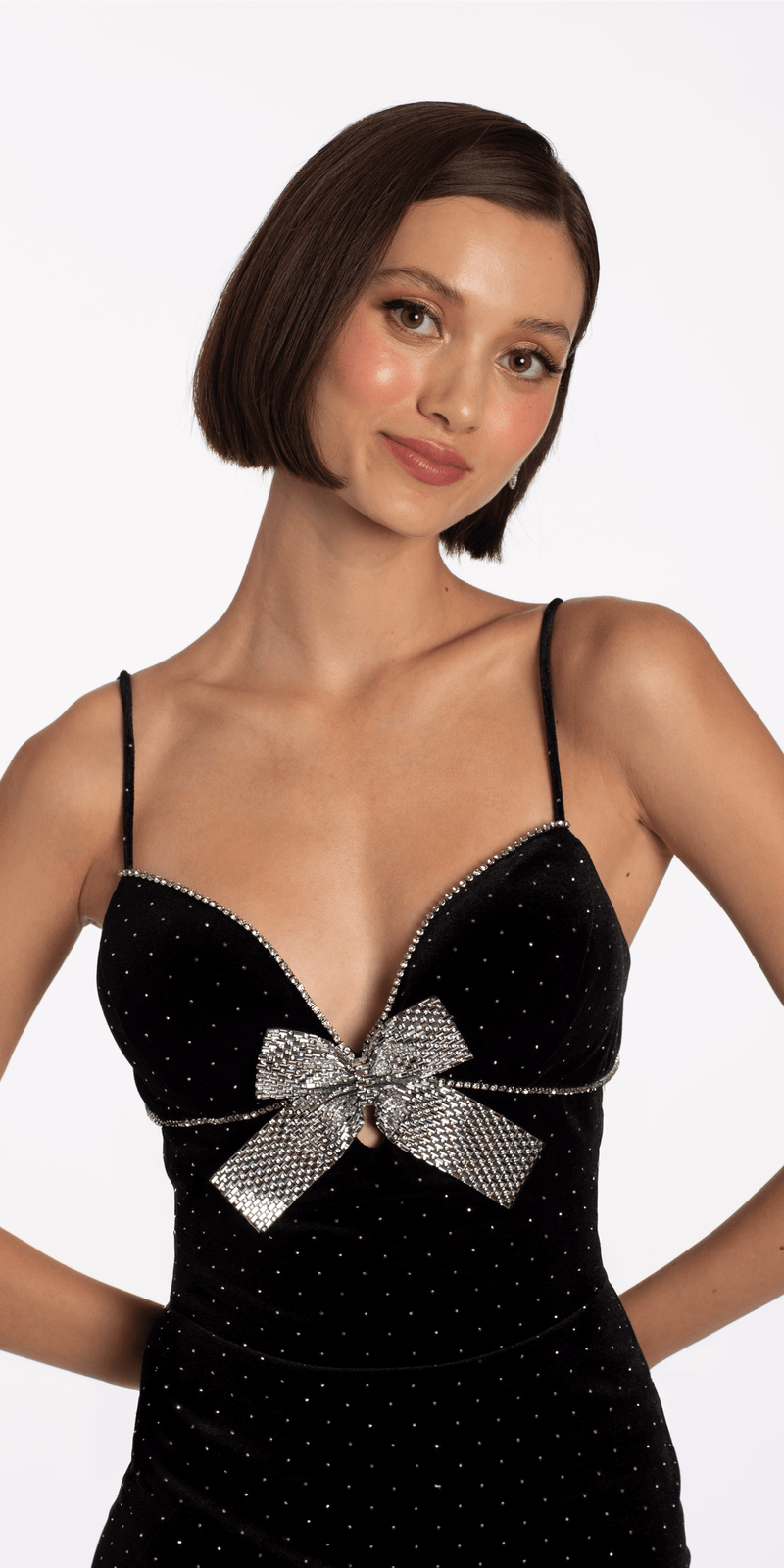 Blondie Nites Velvet Bow Front Studded Mini Homecoming Dress, Womens, 5, Black Blondie Nites Velvet Bow Front Studded Mini Homecoming Dress, Womens, 5, Black