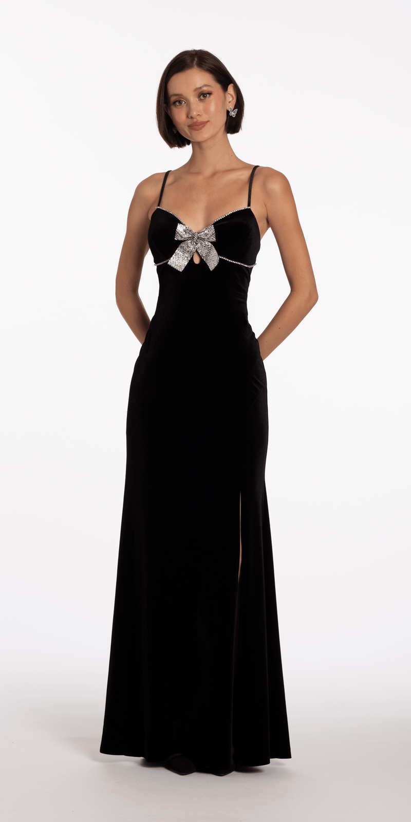 Velvet Sweetheart Column Dress with Rhinestone Bow Image 1