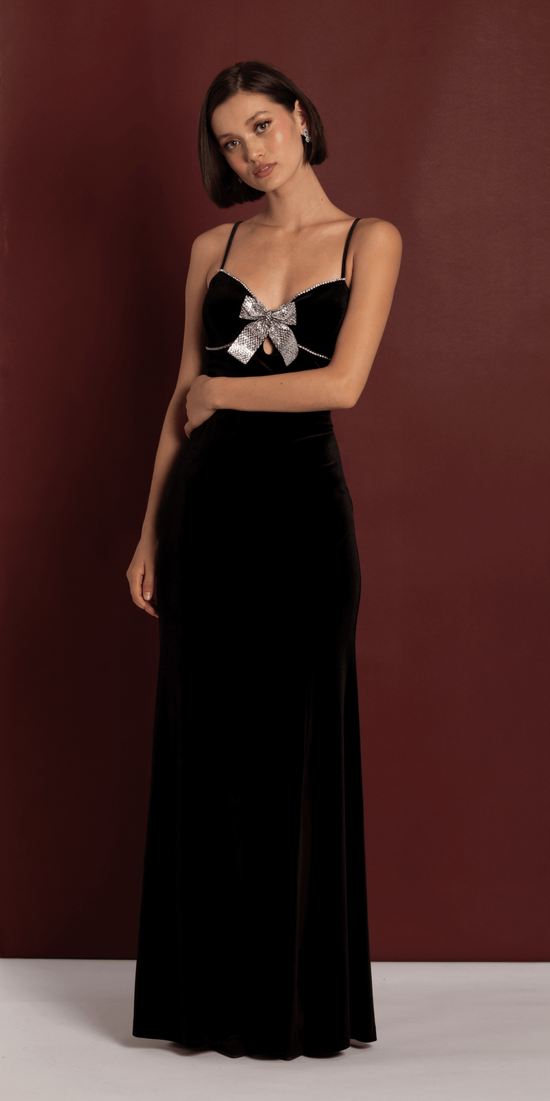 Velvet Sweetheart Column Dress with Rhinestone Bow Camille La Vie Velvet Sweetheart Column Dress with Rhinestone Bow Camille La Vie