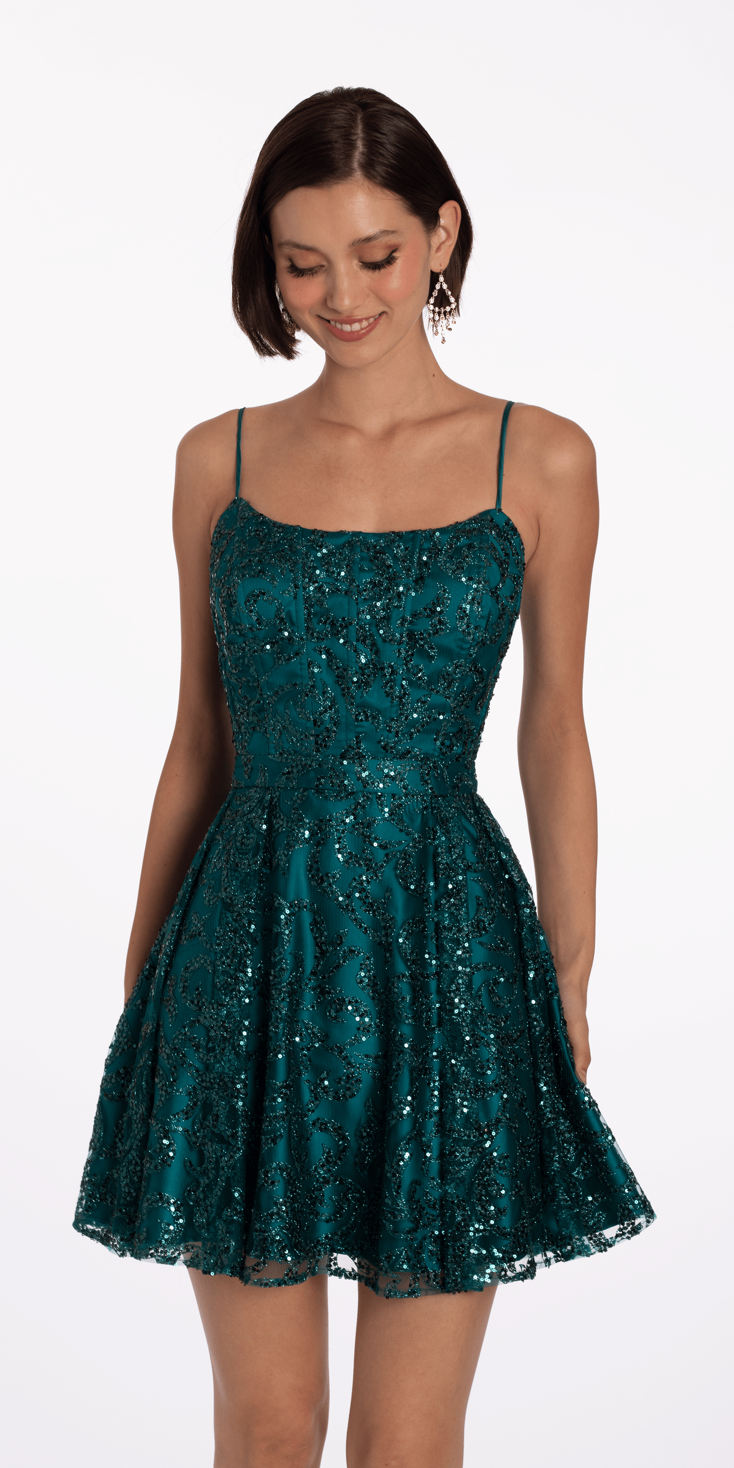 Teal/ Size 4/ Junior/Camille La Vie/ Square Neck Glitter Mesh Corset Skater Dress/Front lt