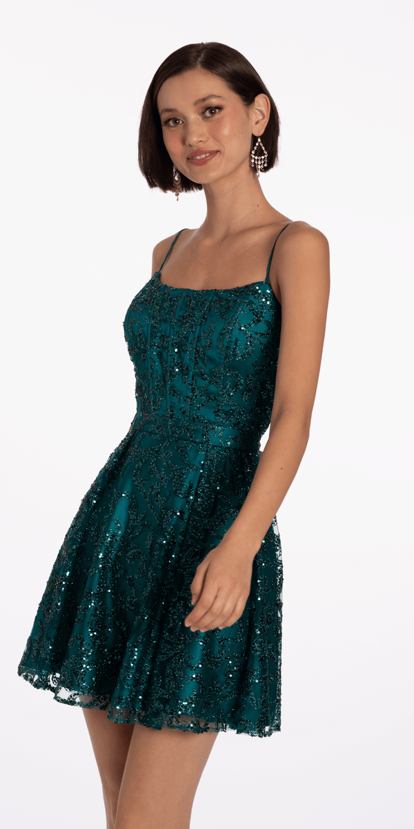 Square Neck Glitter Mesh Corset Skater Dress Image 4