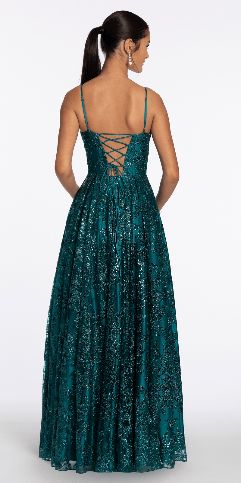 teal/size/4/missy/Camille La Vie/Glitter Mesh Sweetheart Corset Ballgown with Pocket/back
