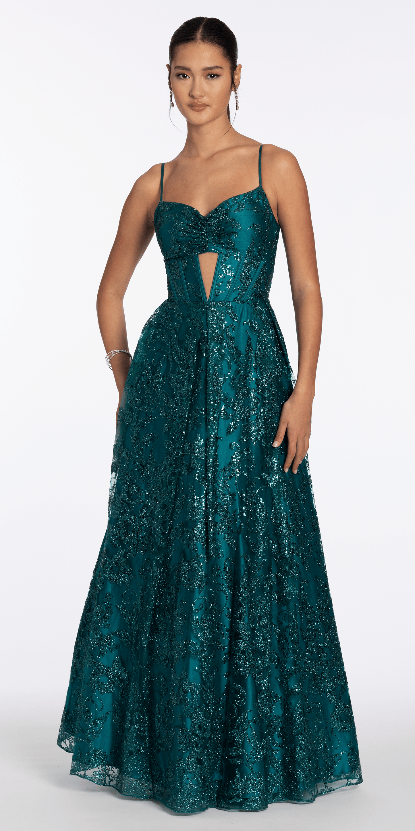 teal/size/4/missy/Camille La Vie/Glitter Mesh Sweetheart Corset Ballgown with Pocket/front