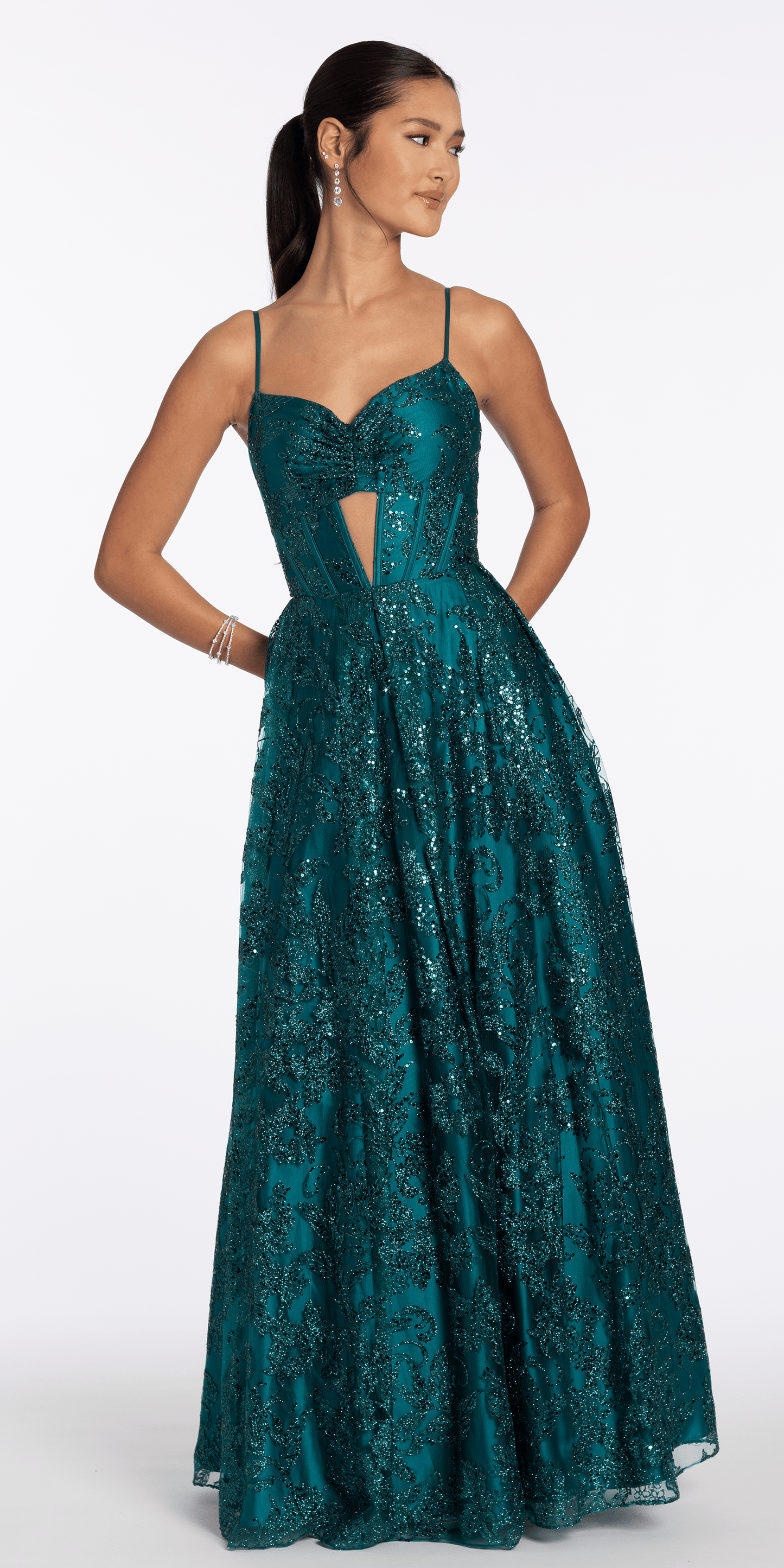 teal/size/4/missy/Camille La Vie/Glitter Mesh Sweetheart Corset Ballgown with Pocket/front Alt