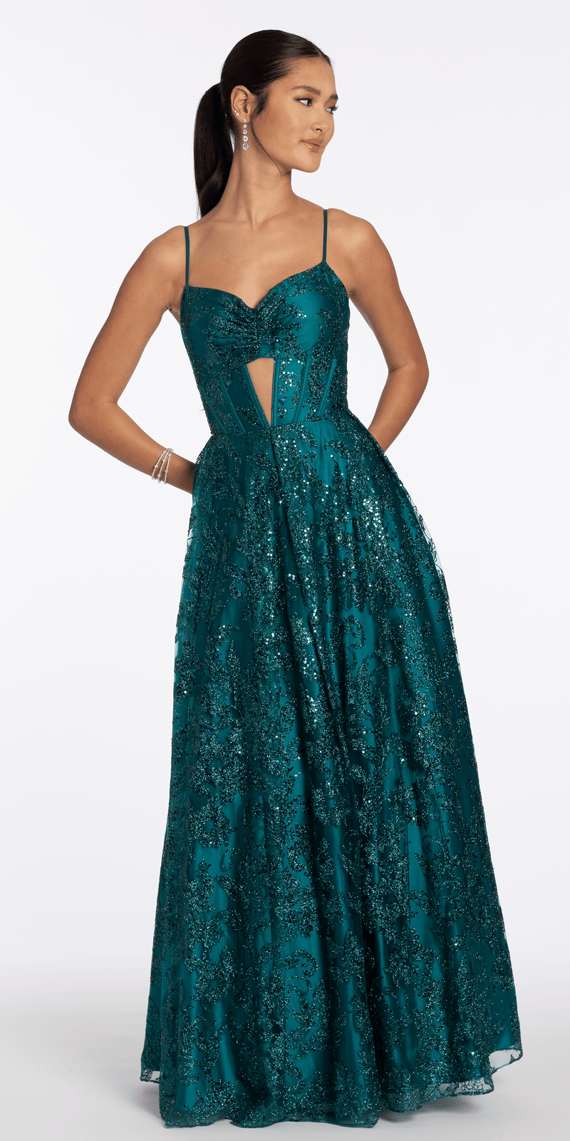 teal/size/4/missy/Camille La Vie/Glitter Mesh Sweetheart Corset Ballgown with Pocket/front Alt