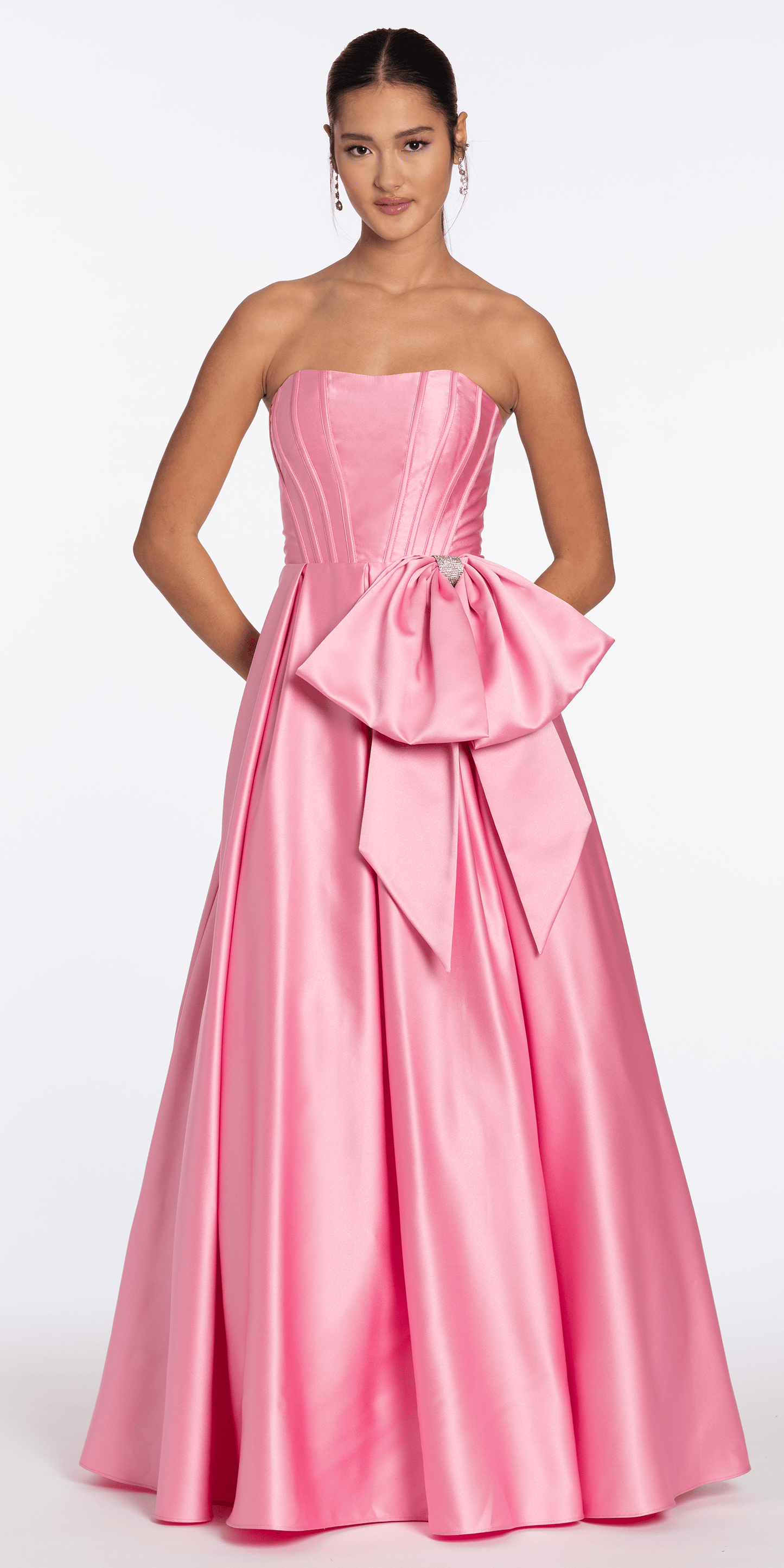 Camille La Vie Strapless Satin Coreset Ballgown with Side Bow junior / 2 / pink