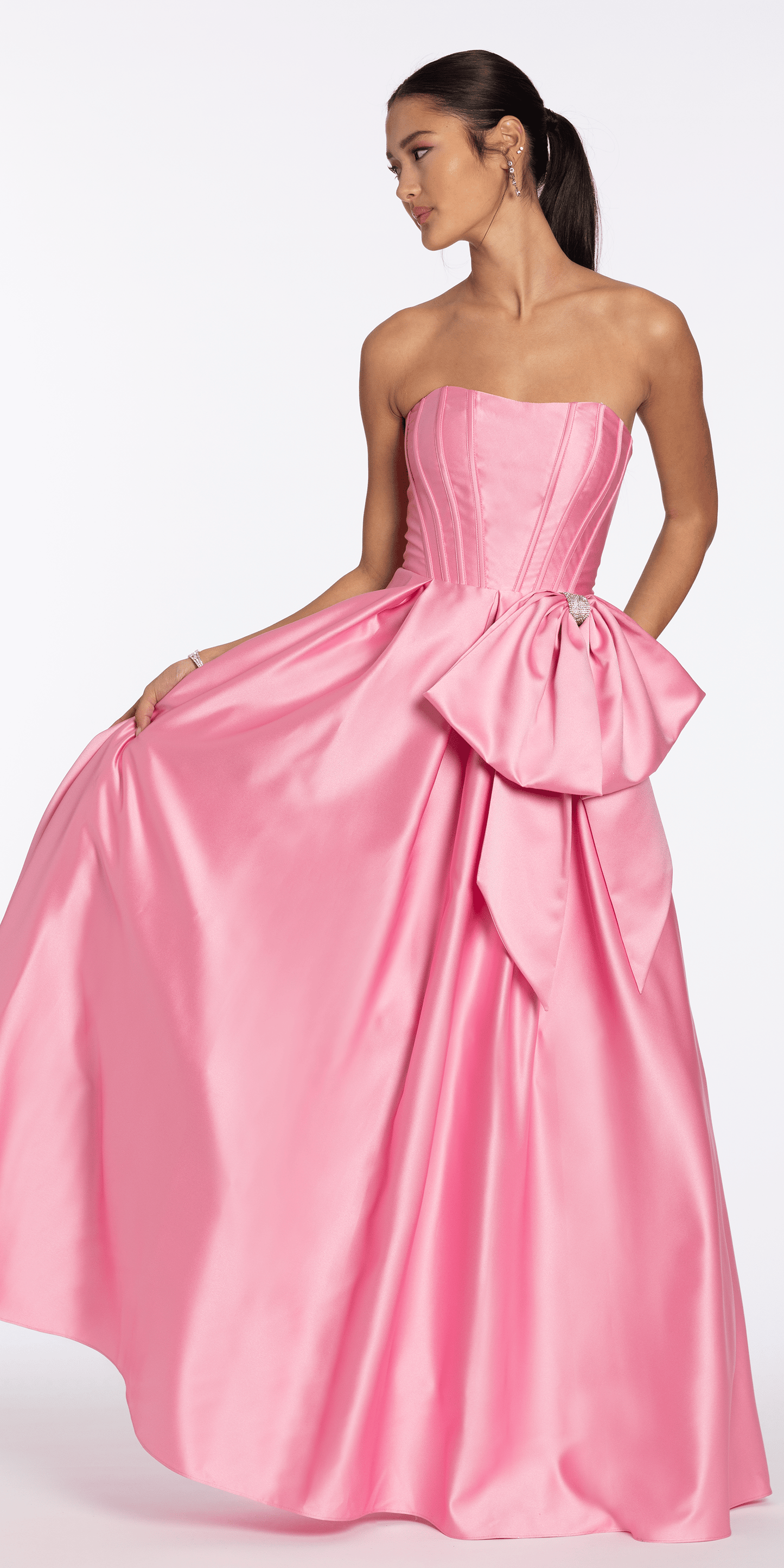 Camille La Vie Strapless Satin Coreset Ballgown with Side Bow