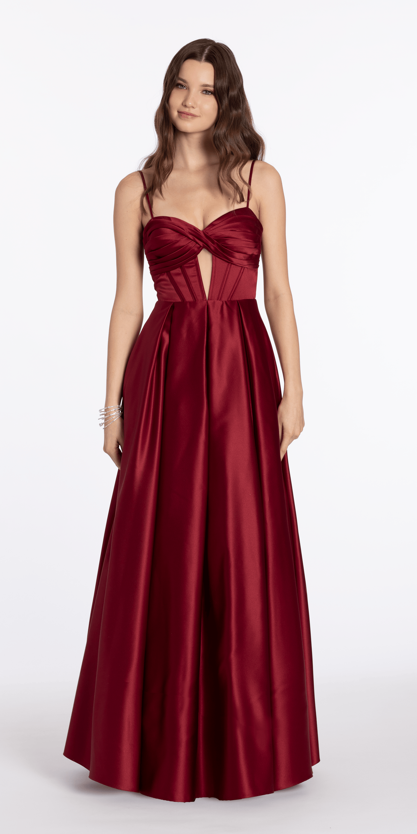 wine/size/4/missy/Camille La Vie/Satin Sweetheart Twist Corset Ballgown with Pockets/front