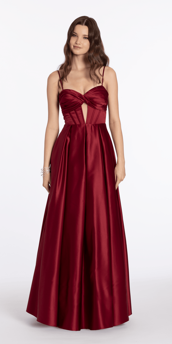 wine/size/4/missy/Camille La Vie/Satin Sweetheart Twist Corset Ballgown with Pockets/front