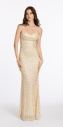 Mesh Beaded Cowl Neck Column Dress Image 1