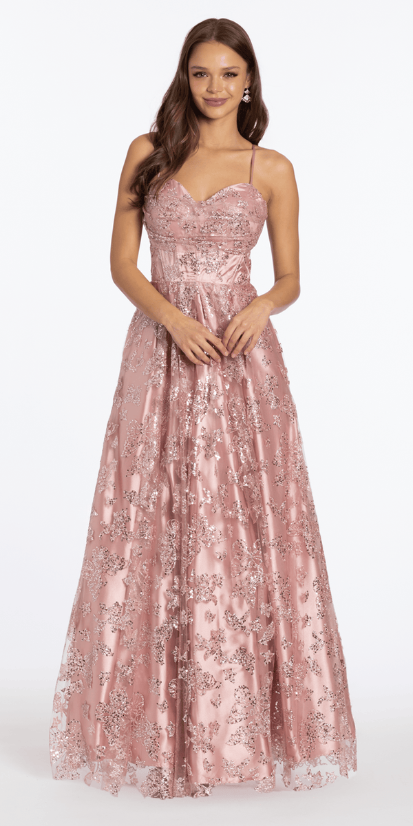 Glitter Butterfly Mesh Cowl Neck Corset Lace Up Back Ballgown - Camille La Vie