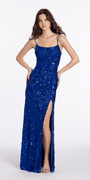 royal-blue/size/4/missy/Camille La Vie/Ribbon Sequin Scoop Mesh Column Dress with Side Slit/front