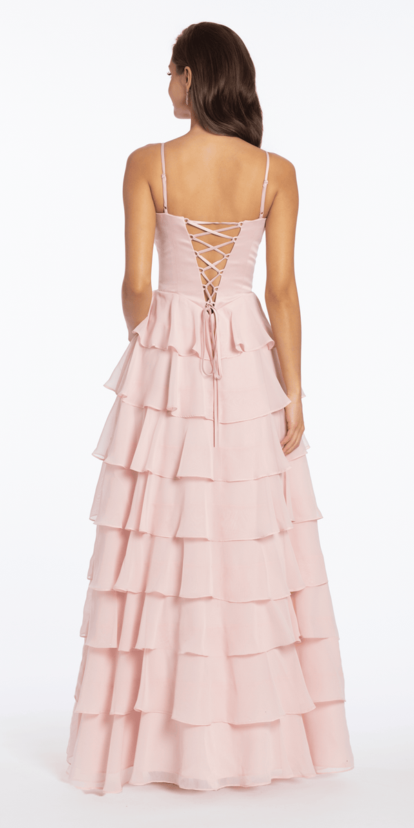 Satin Embroidered Cowl Corset A-Line Dress with Chiffon Tiers – Camille La Vie