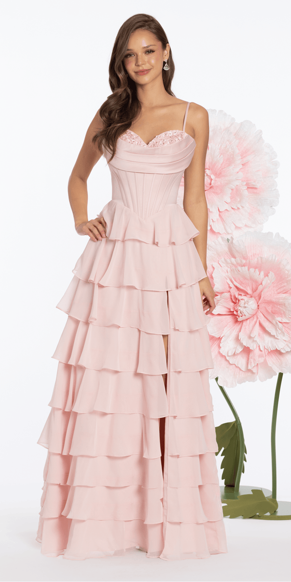 Satin Embroidered Cowl Corset A Line Dress with Chiffon Tiers junior / 8 / light-pink
