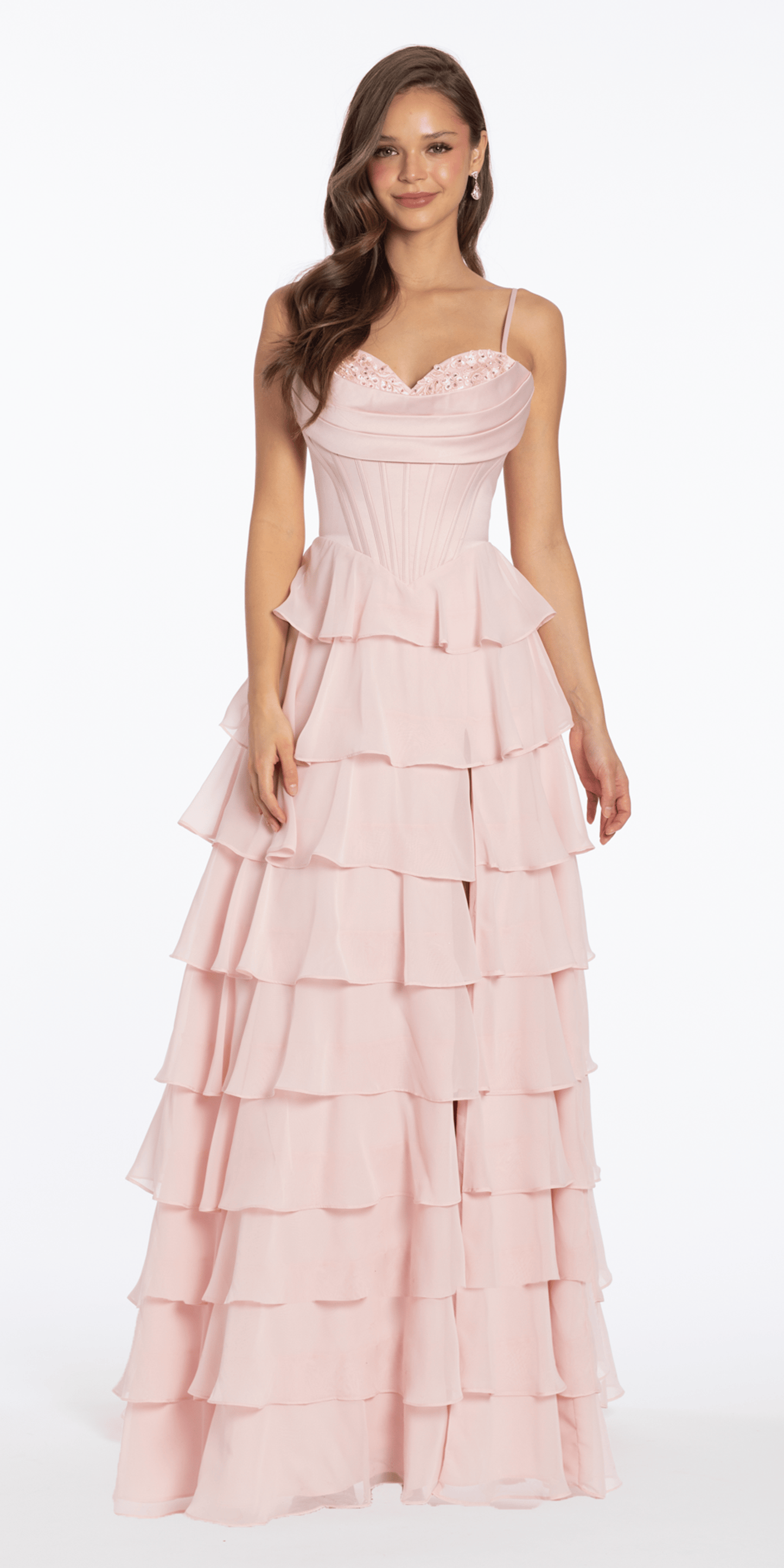 Satin Embroidered Cowl Corset A Line Dress with Chiffon Tiers - Camille La Vie