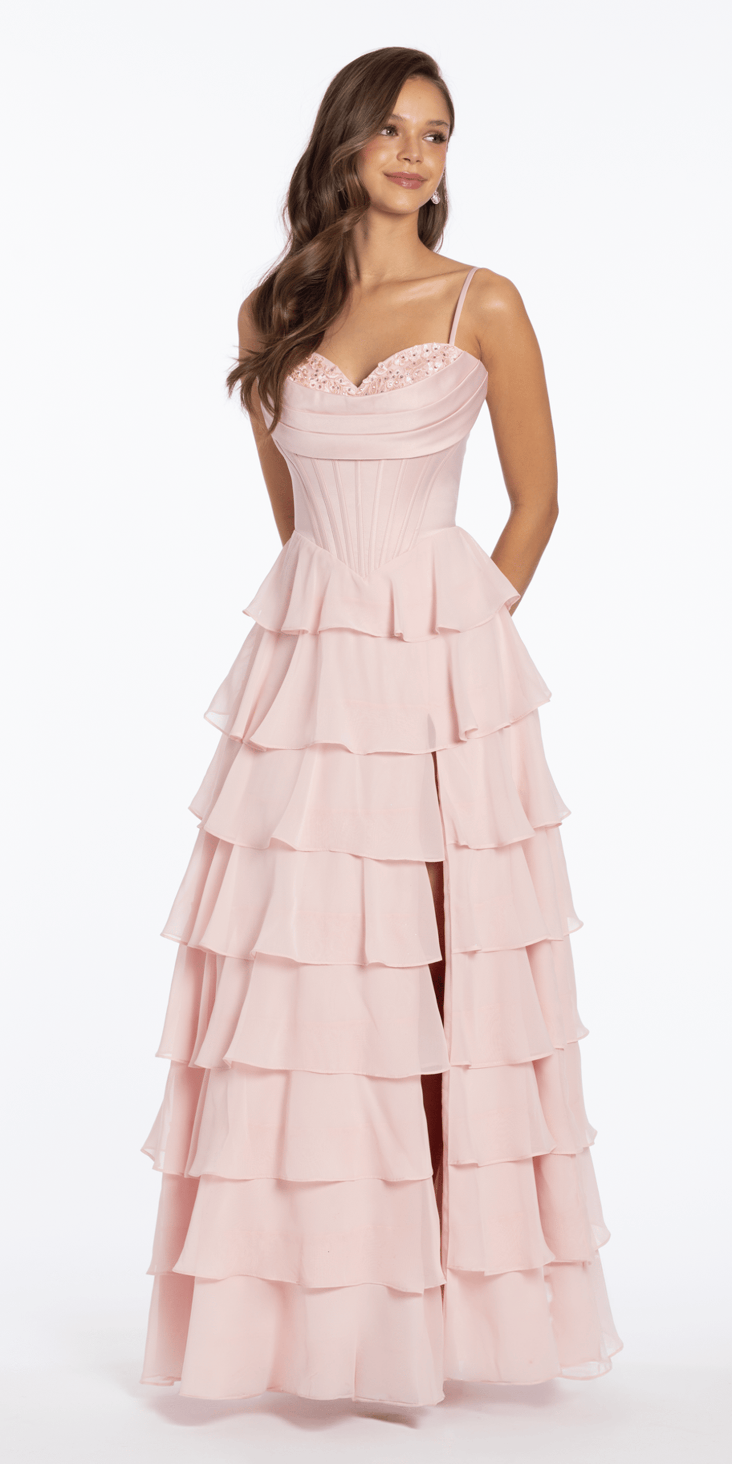 light pink corset dress Satin Embroidered Cowl Corset A Line Dress with Chiffon Tiers junior / 8 / light-pink