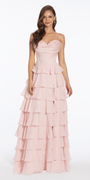 Satin Embroidered Cowl Corset A Line Dress with Chiffon Tiers - Camille La Vie