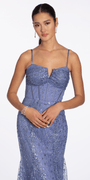 periwinkle/size/4/missy/Camille La Vie/Glitter Mesh Notch Sweetheart Corset Trumpet Dress/close up