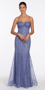 periwinkle/size/4/missy/Camille La Vie/Glitter Mesh Notch Sweetheart Corset Trumpet Dress/front