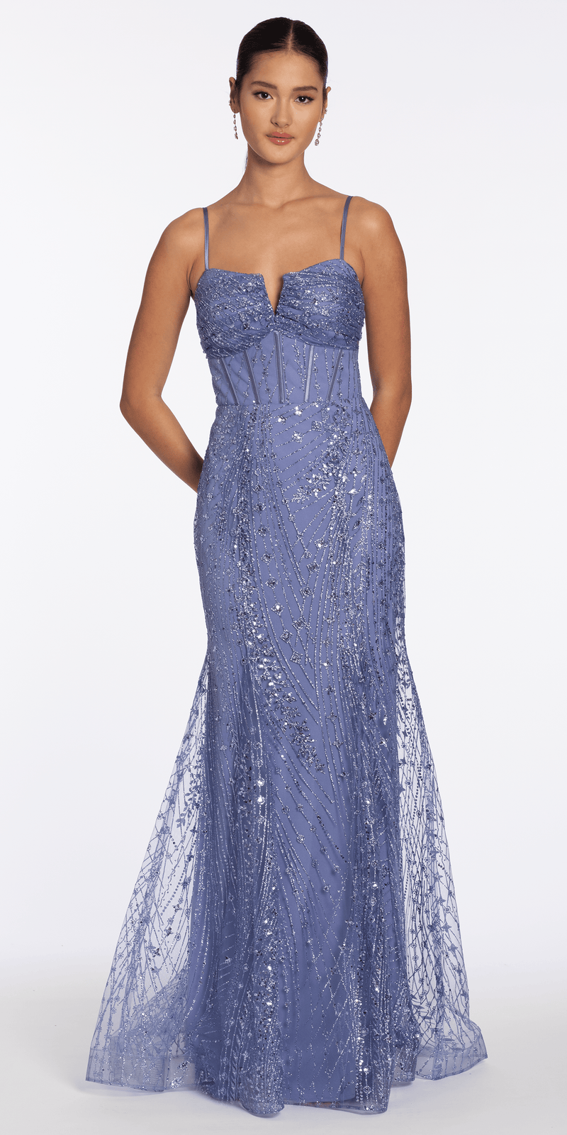 periwinkle/size/4/missy/Camille La Vie/Glitter Mesh Notch Sweetheart Corset Trumpet Dress/front alt