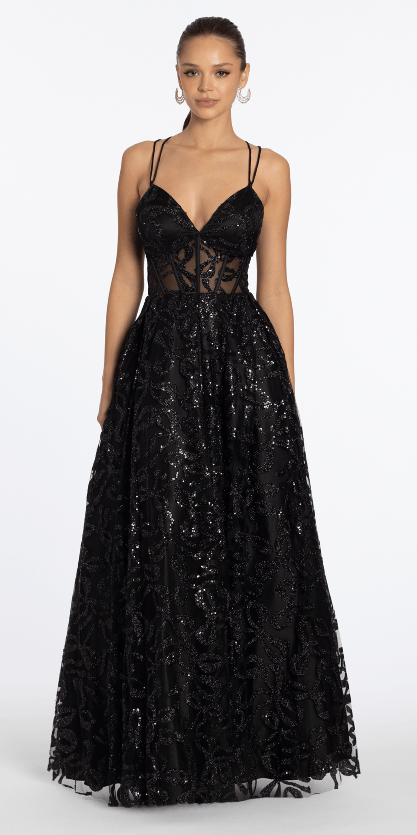black/size/4/missy/Camille La Vie/Glitter Illusion Sweetheart Corset Ballgown with Pockets /front