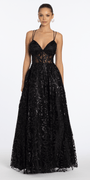 black/size/4/missy/Camille La Vie/Glitter Illusion Sweetheart Corset Ballgown with Pockets /front