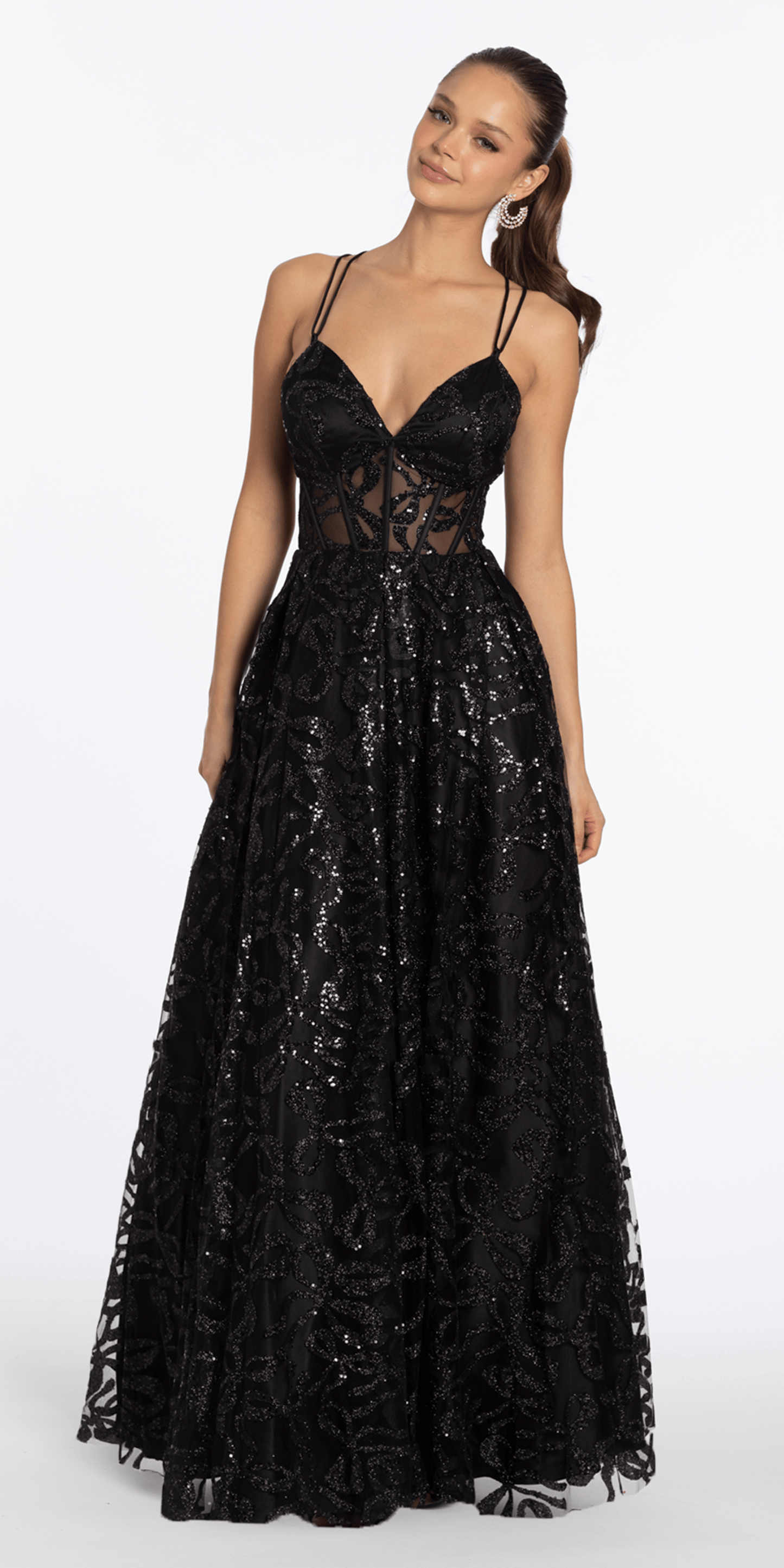 black/size/4/missy/Camille La Vie/Glitter Illusion Sweetheart Corset Ballgown with Pockets /front alt 2