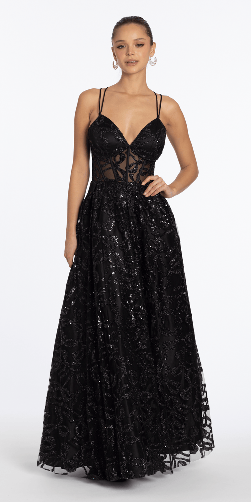 black/size/4/missy/Camille La Vie/Glitter Illusion Sweetheart Corset Ballgown with Pockets /front alt