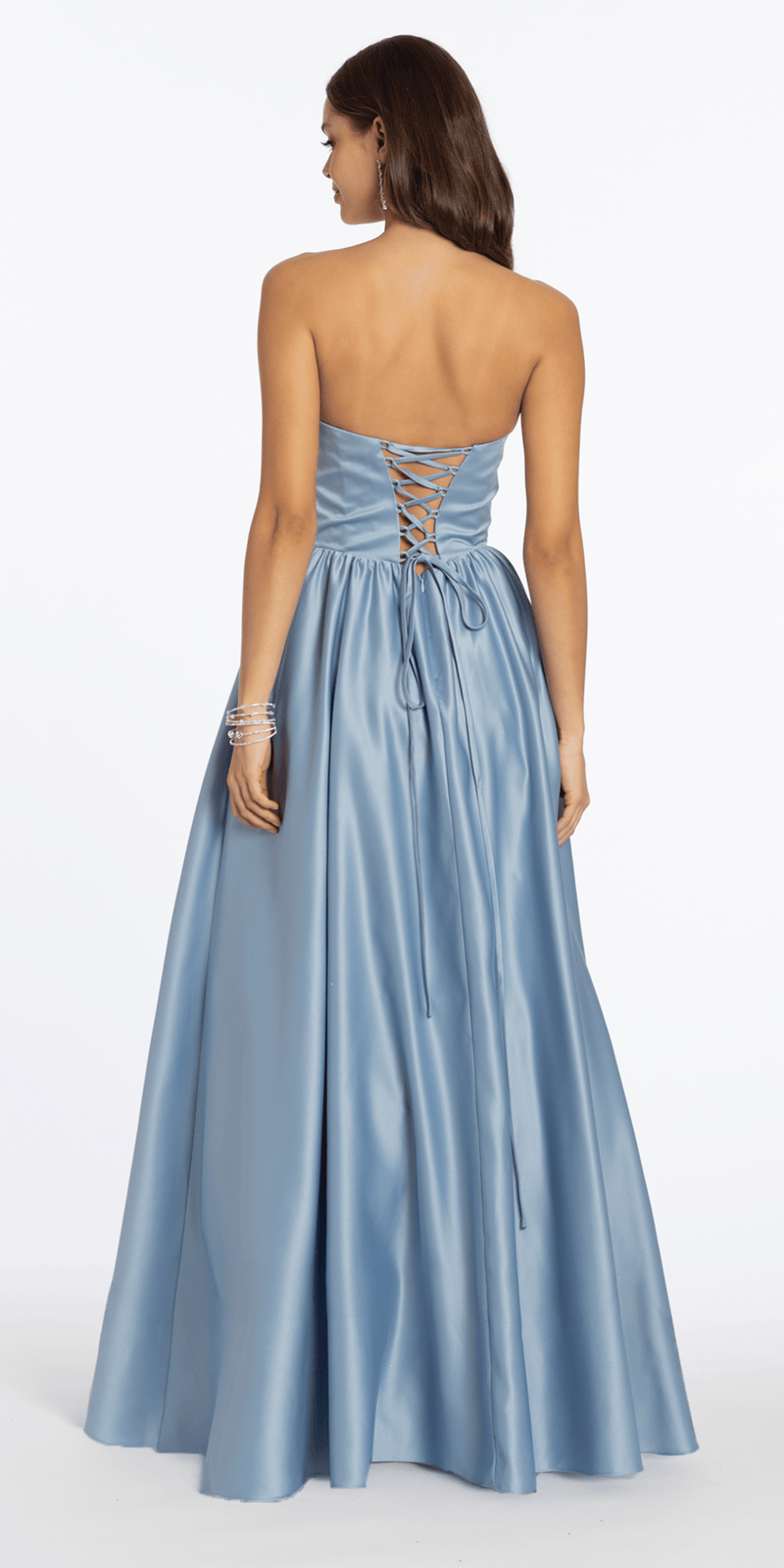 dusty-blue/size/4/missy/Camille La Vie/Strapless Satin Cowl Corset Lace Up Back Ballgown /back