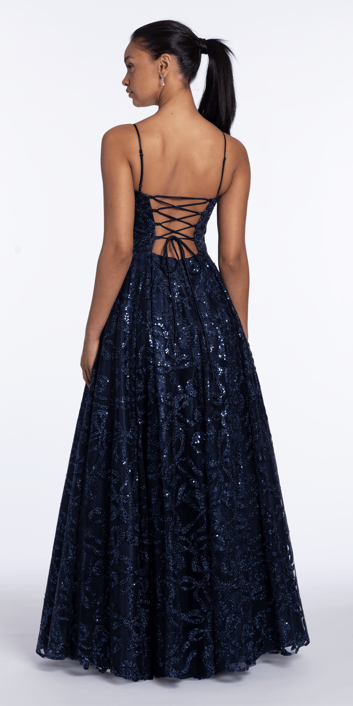 Blondie Nites Juniors' Bow Glitter Pattern Square Neck Ballgown - Navy - 11