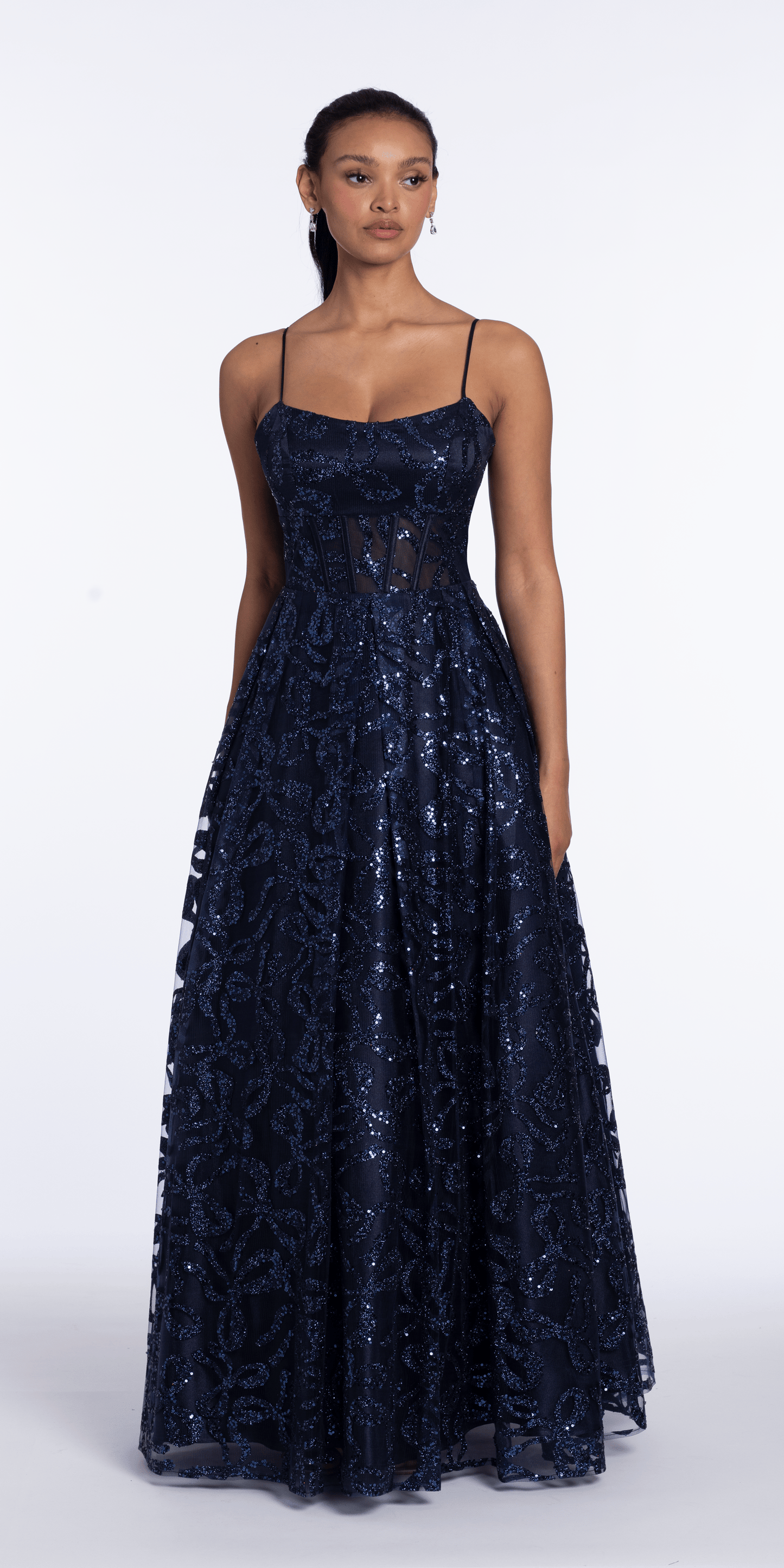 Blondie Nites Juniors' Bow Glitter Pattern Square Neck Ballgown - Navy