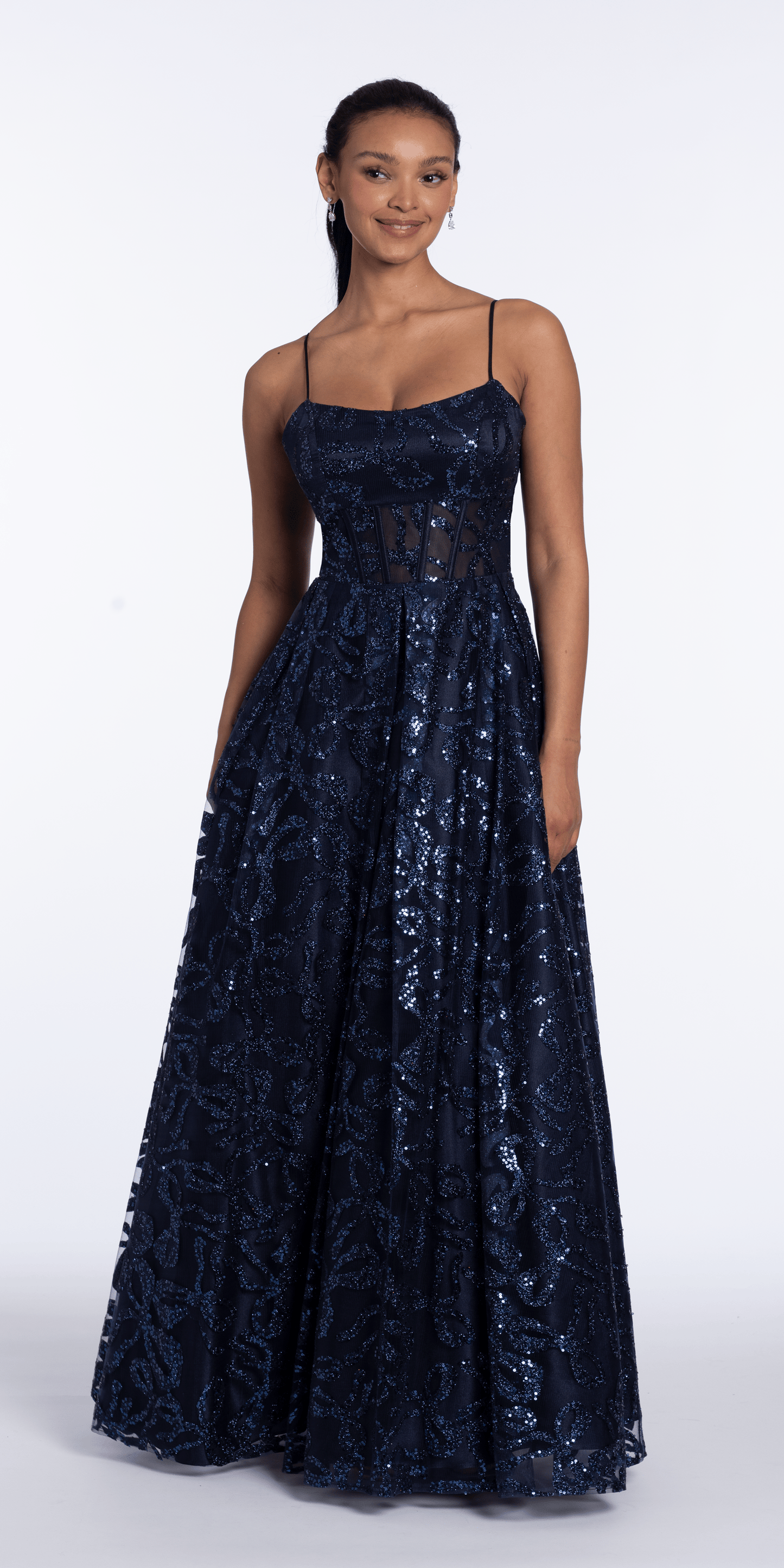 Blondie Nites Juniors' Bow Glitter Pattern Square Neck Ballgown - Navy