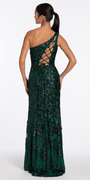 hunter-green/size/6/missy/Camille la Vie/Sequin One Shoulder Lace Up Back Column Dress /back