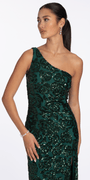 hunter-green/size/6/missy/Camille la Vie/Sequin One Shoulder Lace Up Back Column Dress /close up