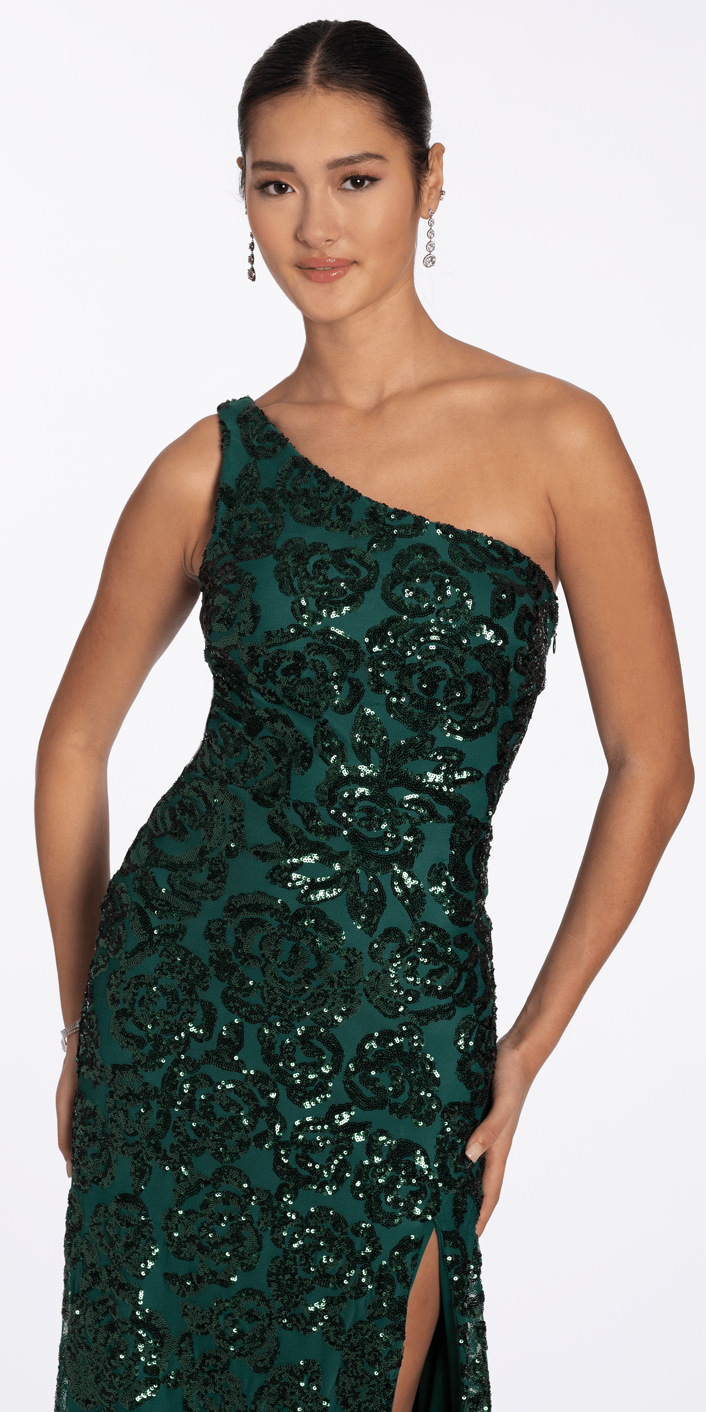 hunter-green/size/6/missy/Camille la Vie/Sequin One Shoulder Lace Up Back Column Dress /close up alt