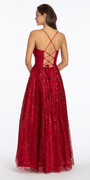 red/ size/4/ missy/Camille La Vie/Strappy Back Pinched Sweetheart Glitter Mesh Ballgown with Pockets /back