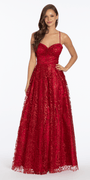 red/ size/4/ missy/Camille La Vie/Strappy Back Pinched Sweetheart Glitter Mesh Ballgown with Pockets /front
