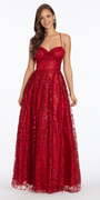 red/ size/4/ missy/Camille La Vie/Strappy Back Pinched Sweetheart Glitter Mesh Ballgown with Pockets /front alt