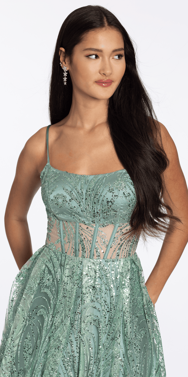 sage/size/4/missy/Camille La Vie/Scoop Neck Glitter Illusion Corset A Line Dress with Pockets/close up