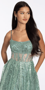 sage/size/4/missy/Camille La Vie/Scoop Neck Glitter Illusion Corset A Line Dress with Pockets/close up