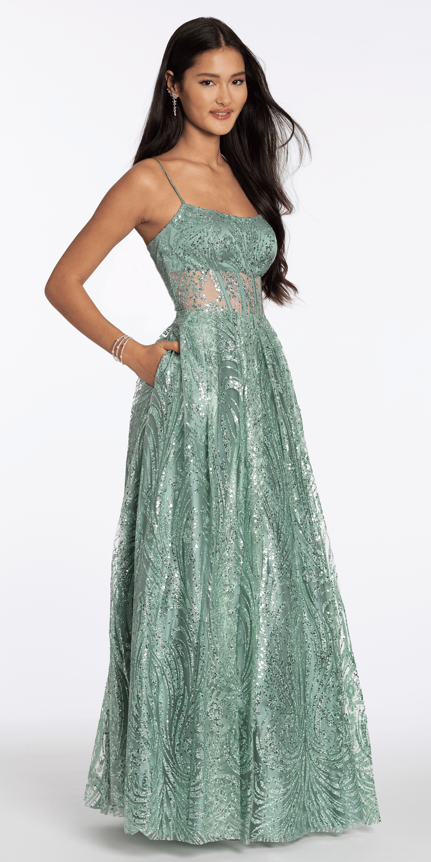 sage/size/4/missy/Camille La Vie/Scoop Neck Glitter Illusion Corset A Line Dress with Pockets/front