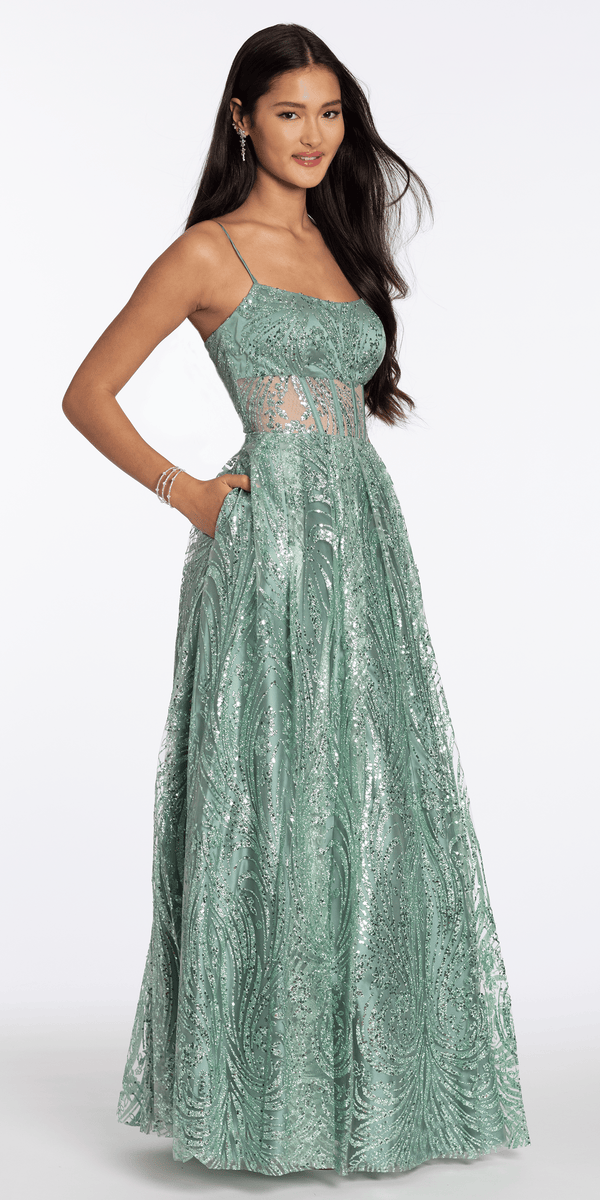 sage/size/4/missy/Camille La Vie/Scoop Neck Glitter Illusion Corset A Line Dress with Pockets/front