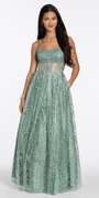 sage/size/4/missy/Camille La Vie/Scoop Neck Glitter Illusion Corset A Line Dress with Pockets/front alt