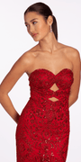 red/size/4/missy/Camille La Vie/Sweetheart Glitter Mesh Mermaid Dress with Peek-a-Boo Bodice/close up alt