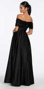 black/size/4/missy/Camille La Vie/Satin Off the Shoulder Ballgown with Rhinestone Bow Detail /back