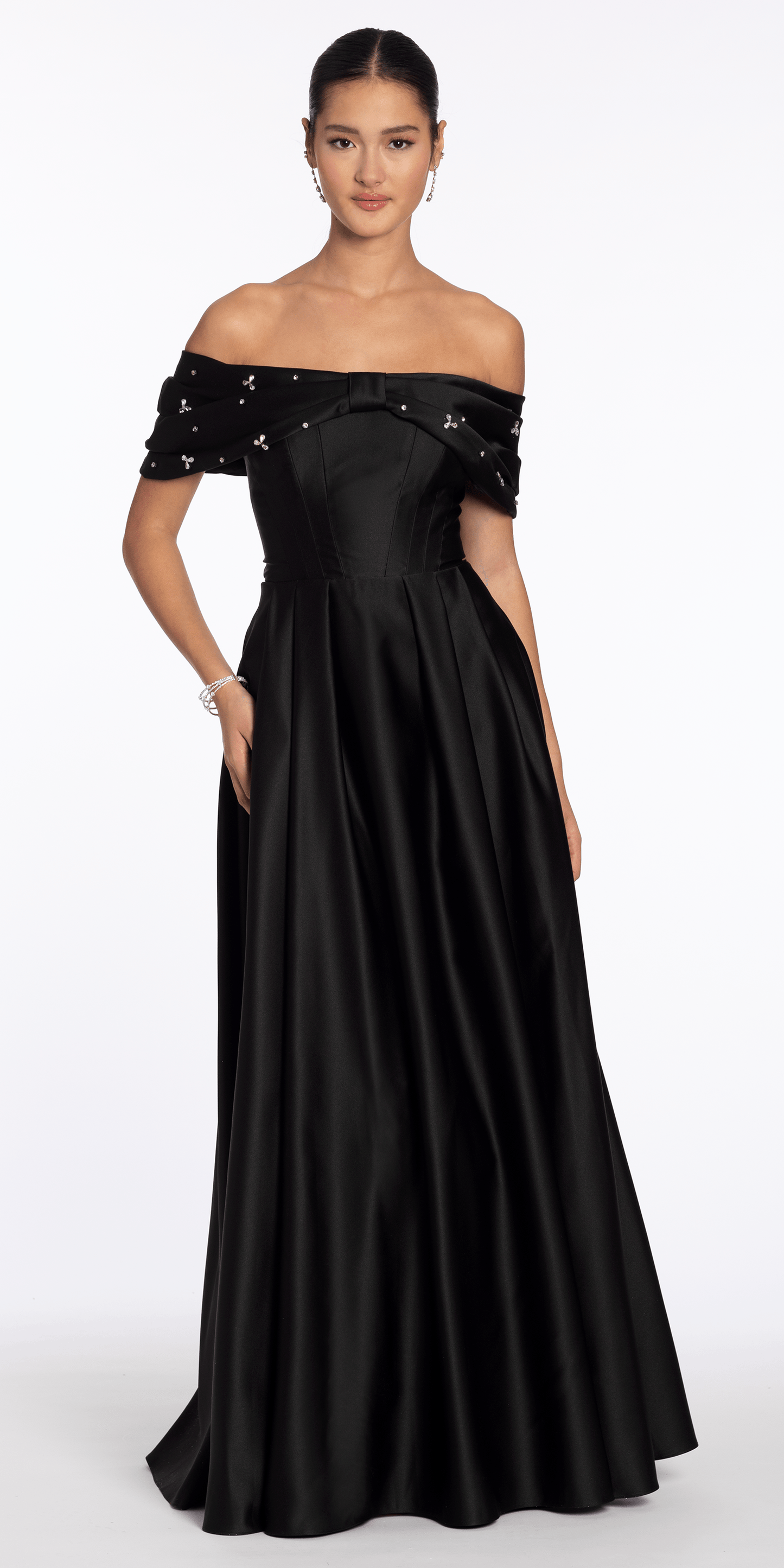 black/size/4/missy/Camille La Vie/Satin Off the Shoulder Ballgown with Rhinestone Bow Detail /black alt
