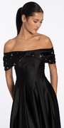 black/size/4/missy/Camille La Vie/Satin Off the Shoulder Ballgown with Rhinestone Bow Detail /close up